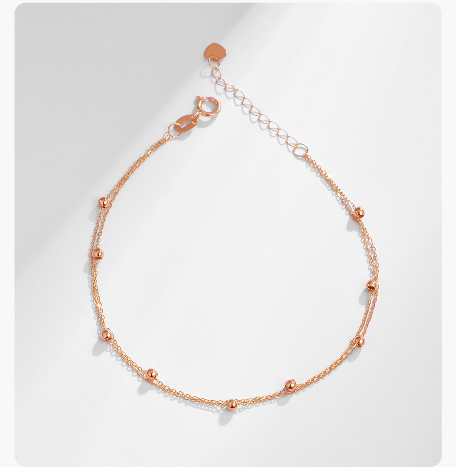 Bracciale Oro Rosa 18k/14k/9k, Bracciale Catena Doppia con Perline 16-18 cm Estensione 4 cm, Braccialetti Donna Matrimonio