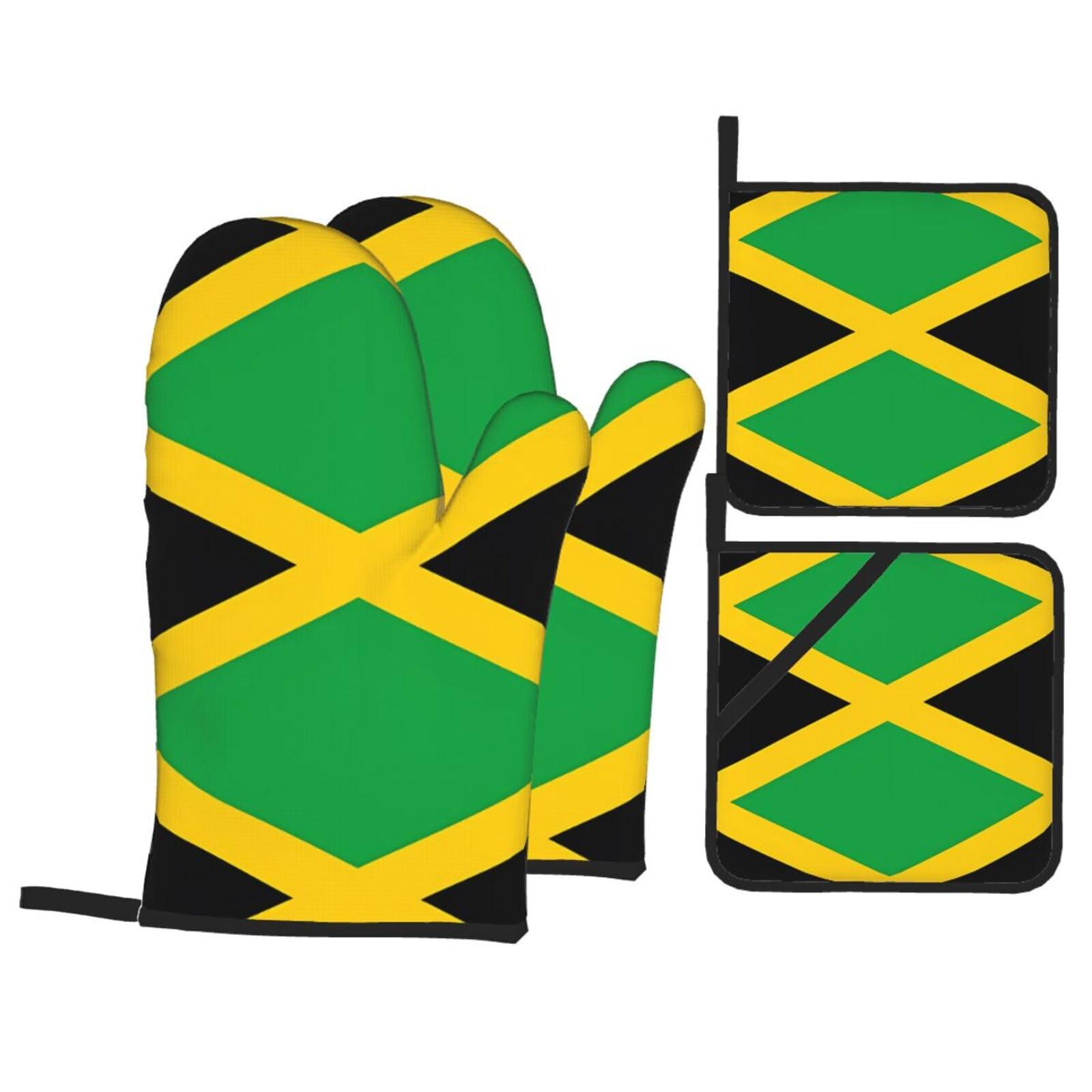 WHJSSF jamaica flag Prints Kitchen Baking Set - 4-Piece Heat Protection Layers with Waterproof Potholders for Oven, Grill & Serving