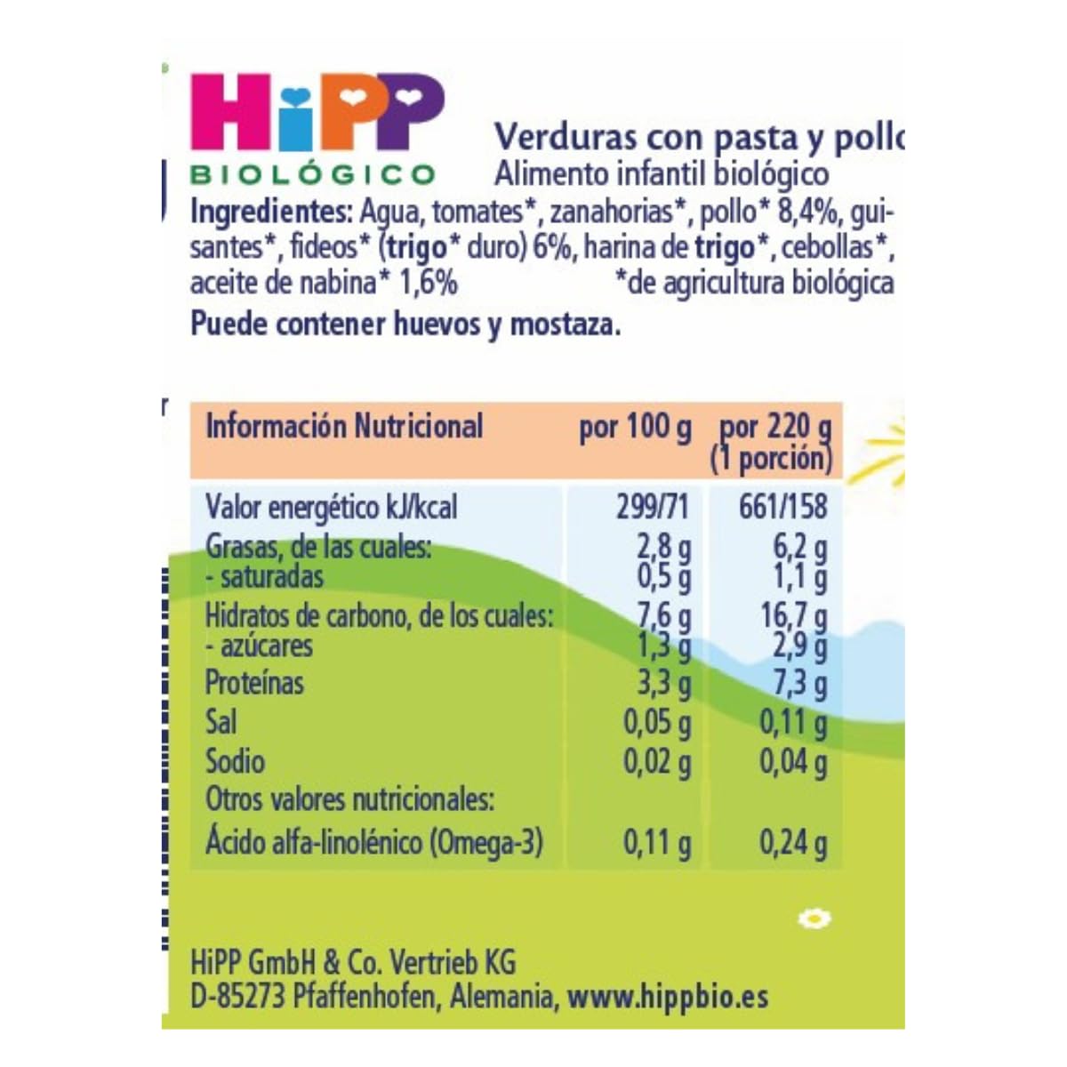 HiPP Tarrito Verduras con Pasta y Pollo BIO Pack 6x220g Desde 12 Meses