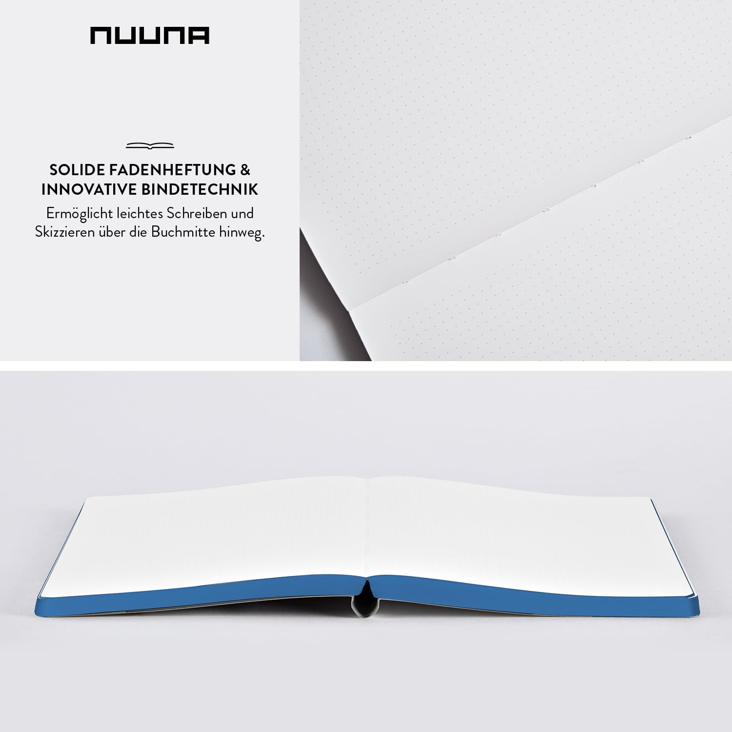 Nuuna Notizbuch A5+ | Graphic L - Where Is My Mind? | 3,5 mm Punktraster | 256 nummerierte Seiten | 120 g Premium-Papier | Leder blau | nachhaltig produziert in Deutschland