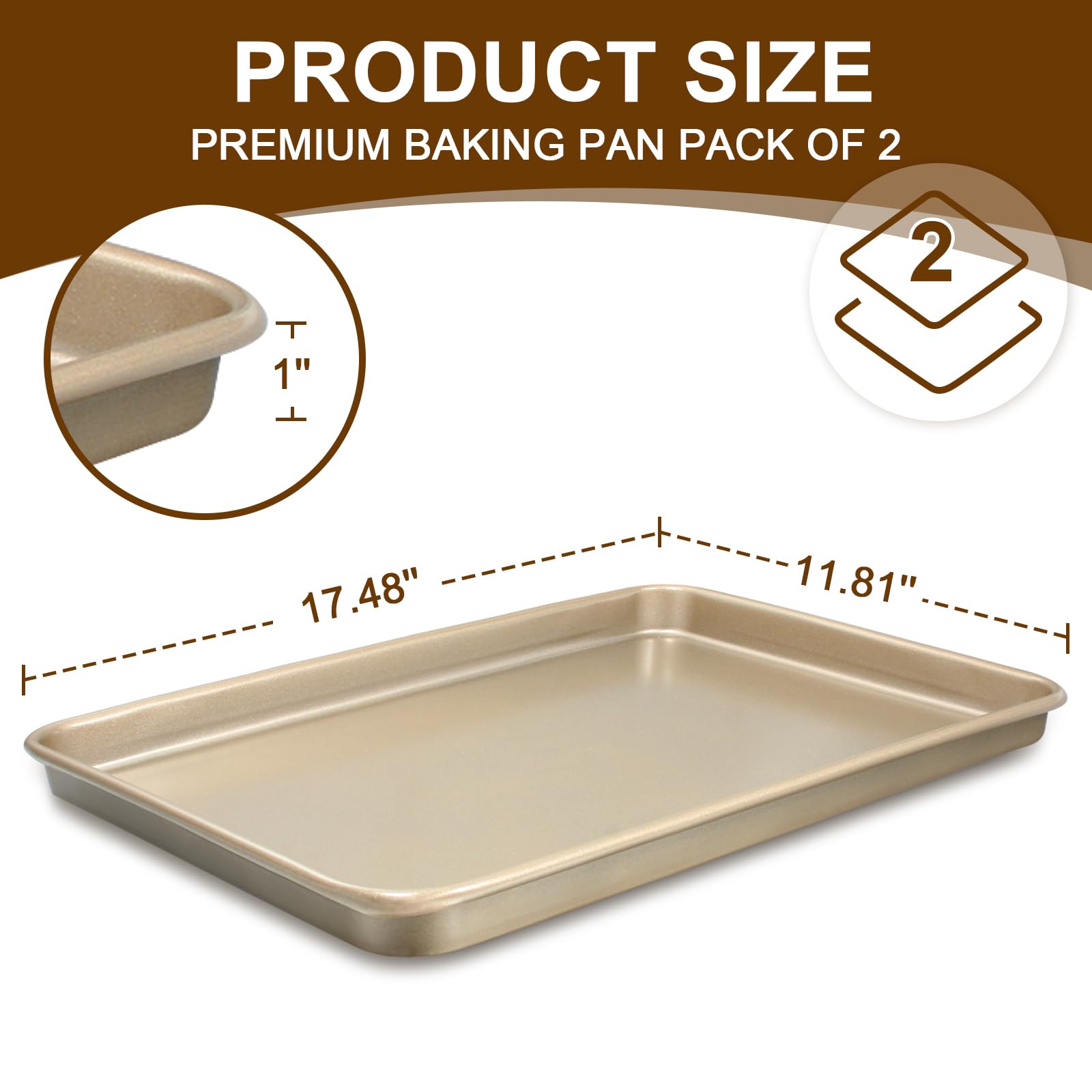 Wildone Set di teglie da forno, fogli per biscotti commerciali per forno, antiaderenti, in acciaio al carbonio, 44,5 x 30,5 cm, resistenti e facili da pulire (confezione da 2)
