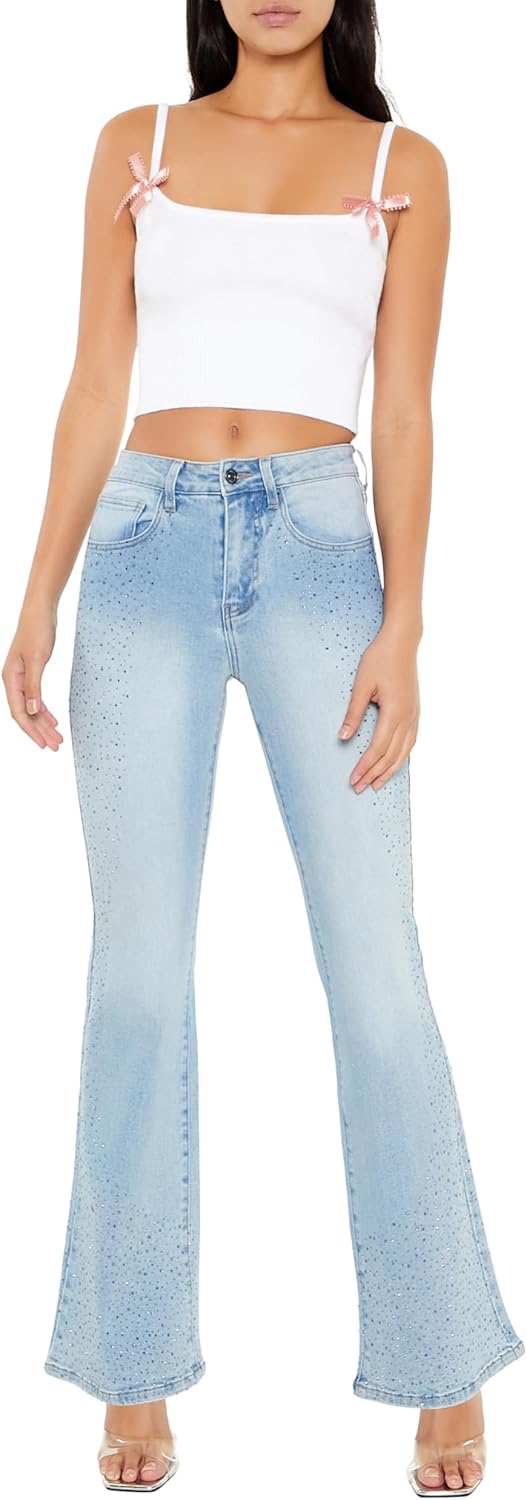 Forever 21 Womens Rhinestone High-Rise Flare Jeans
