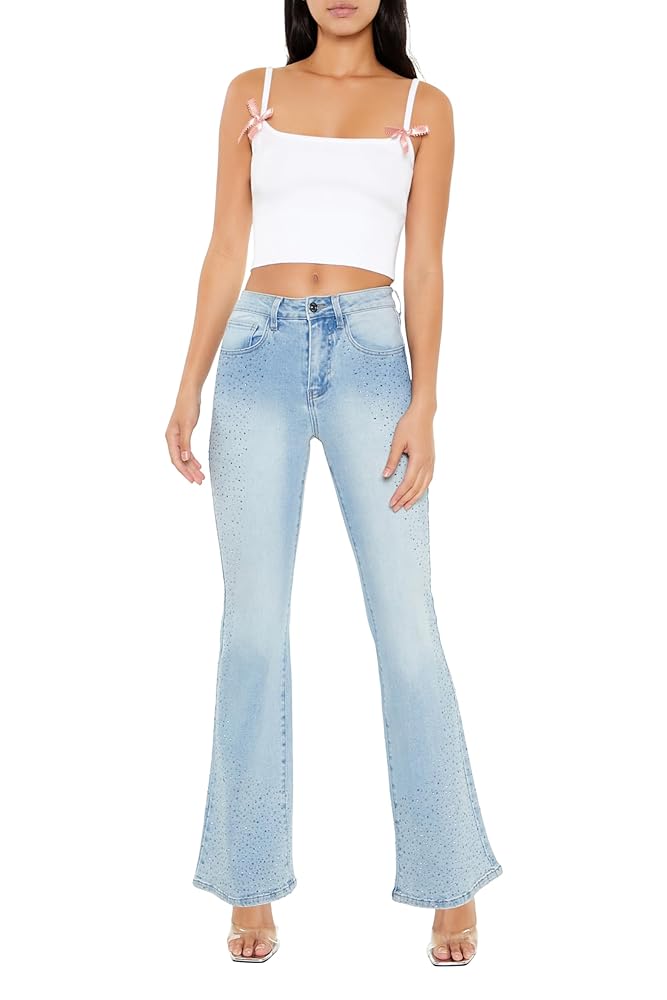 Forever 21 Women's Rhinestone High-Rise Flare Jeans, Light