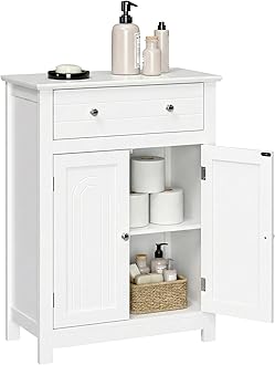VASAGLE SONGMICS Free Standing Bathroom Cabinet with Drawer and Adjustable Shelf, Kitchen Cupboard, Wooden Entryway Storage Cabinet White, 23.6" L x 11.8" W x 31.5" H, UBBC61WT