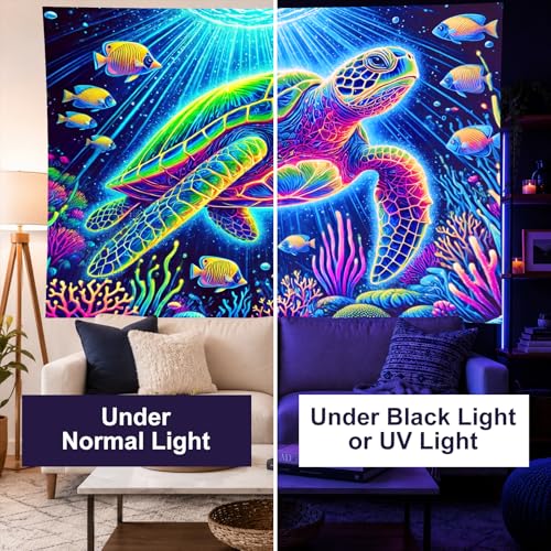 Image of BlissYard Blacklight Tapestry 78x59 Inch Trippy Sea Turtle Glow in the Dark UV Reactive Ocean Underwater Wall Hanging Neon Psychedelic Tapestry for Bedroom Dorm Room Decor Aesthetic Nautical Art