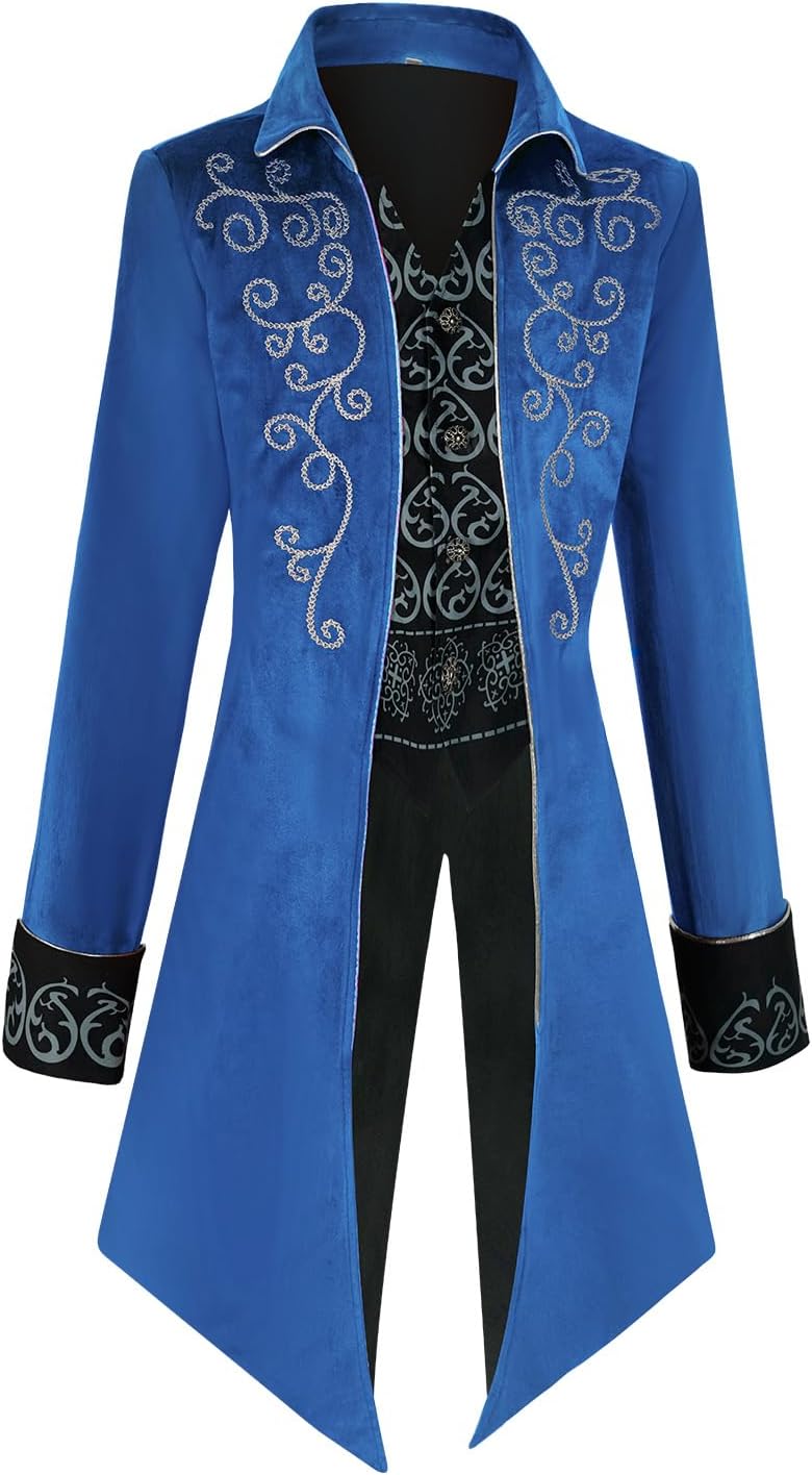 Men's Steampunk Jacket Gothic Medieval Vintage Court Tailcoat Halloween Costumes (4XL, Blue) - Image 2