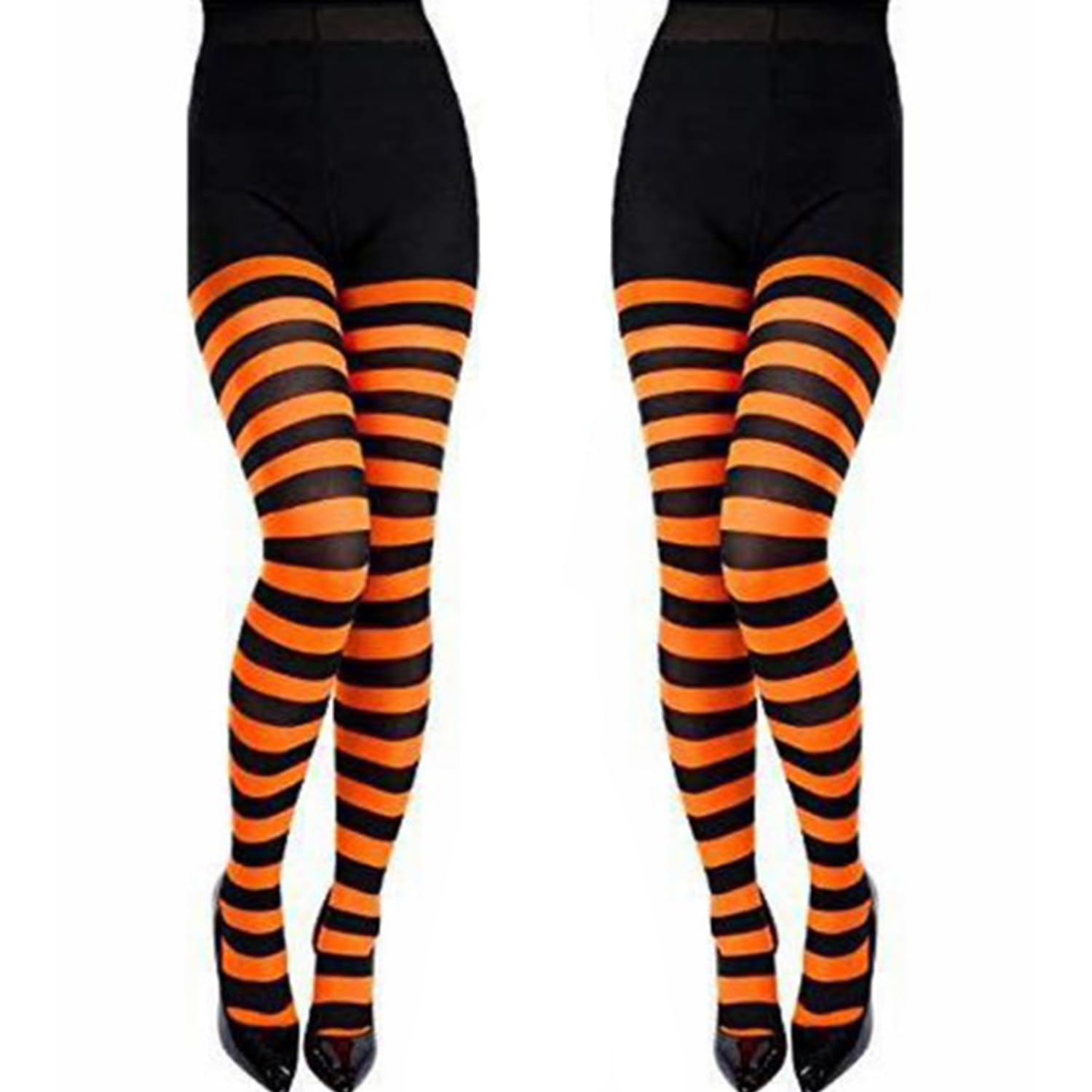 XNHIU 2 Pairs Halloween Stripe Tights - Black & Orange Stripe Fancy Dress Tights for Women & Girls