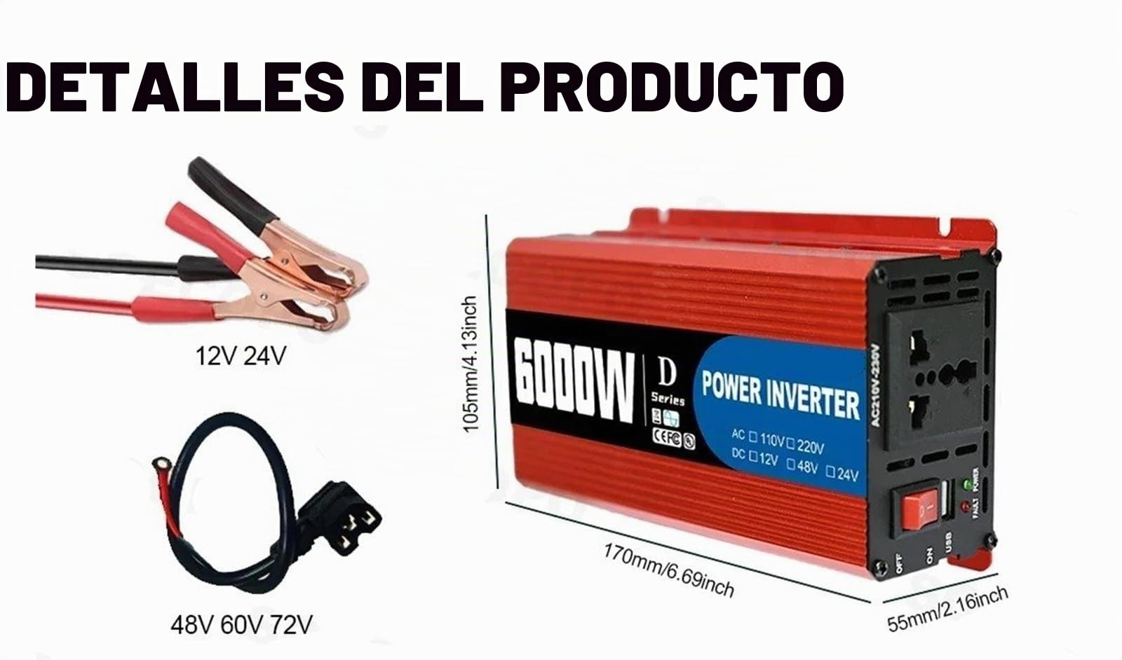 Inversor Potencia Inversor Inteligente Portátil 6000W 12V/24V/48V 110V/220V CA Puerto USB Abrazaderas Cocodrilo Camiones RV Todo Mundo Certificación CE Convertidor(48V,220V 50Hz)