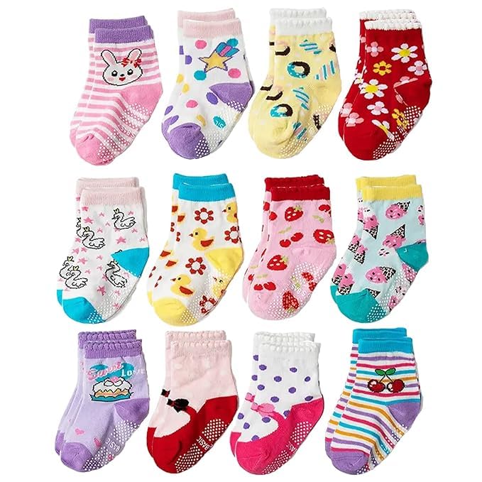THE PURE NEST Anti-Skid Crawling Socks for Baby Girl Toddlers | Soft Cotton Blend, Non-Slip Grip | Durable & Stretchable (0-12 Month) (IN, Age, 2 Years, 3 Years, 12, Multicolor)