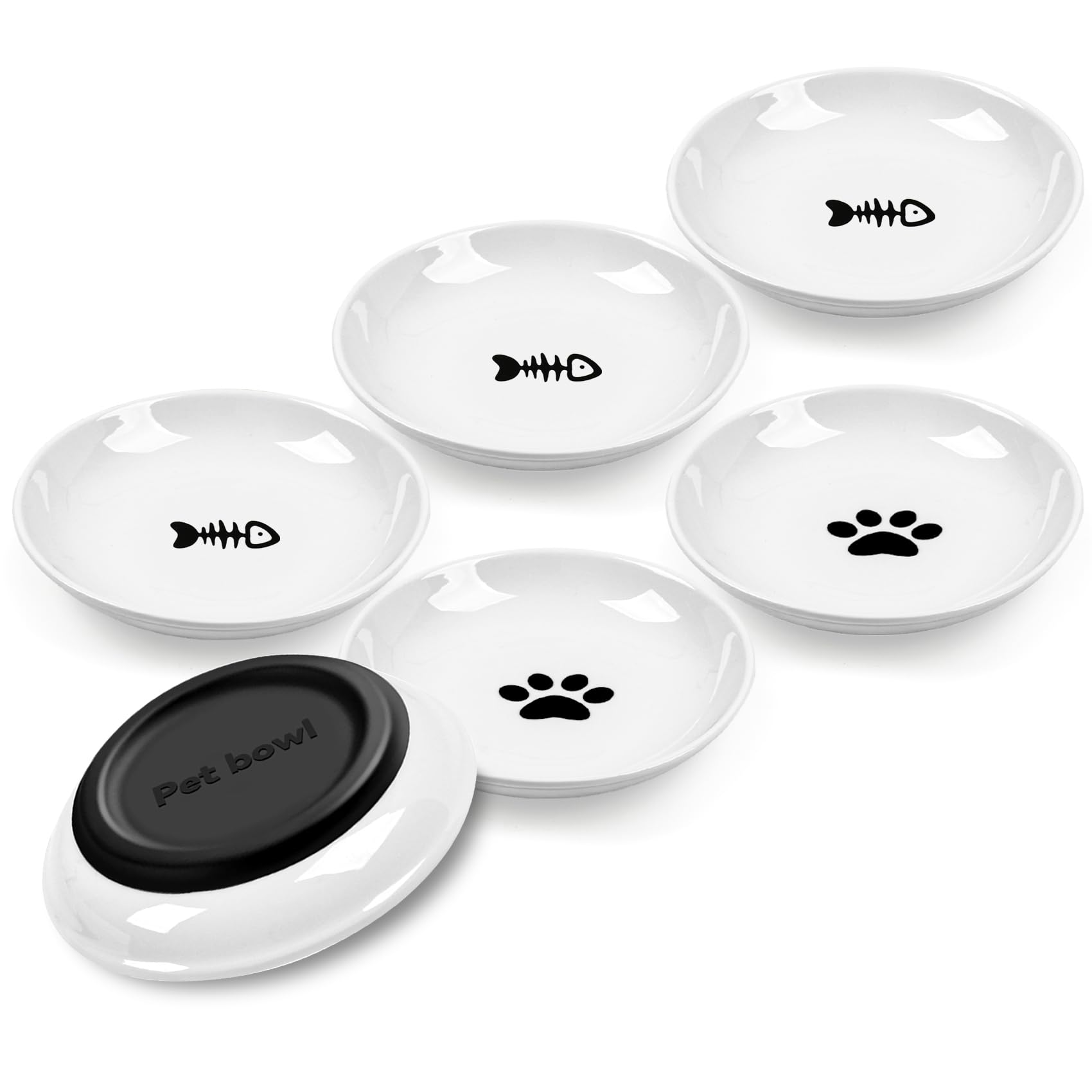 Cat Bowls,No Spill Whisker Fatigue Kittens Food Bowl with Anti-Slip Silicone,Ceramic Cat Dishes for Food Water and Wet and Dry,Shallow Plates Set for