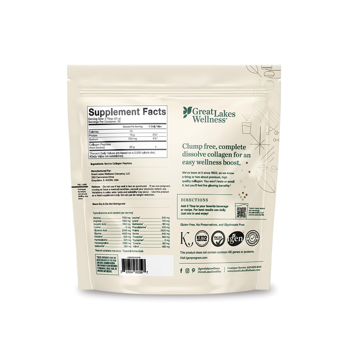 Great Lakes Wellness Polvo de péptidos de colágeno, sin sabor, 64 onzas