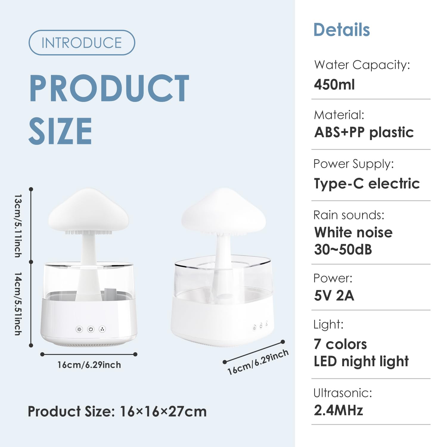 Humidificateur Nuage de Pluie, 450ML Rain-Cloud humidificateur avec 7 lumières LED de Couleur pour Maison, Bureau, Chambre, la Relaxation, Dormir (Blanc)