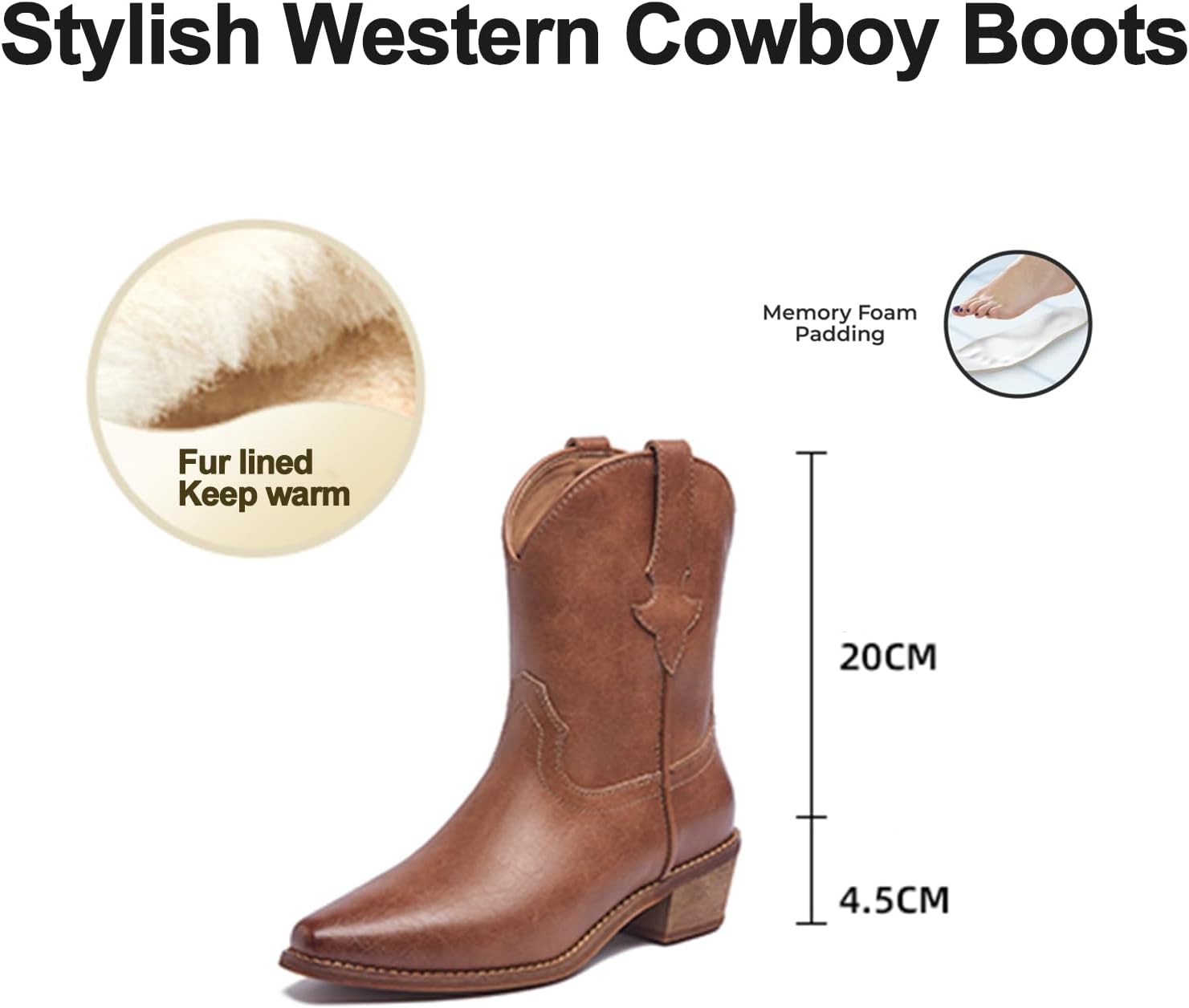 Women's Leather Western Cowboy Cowgirl Casual Ankle Boots Classic Pointed Toe Low Block Heel Dress Pull-on Mid-Calf Boots