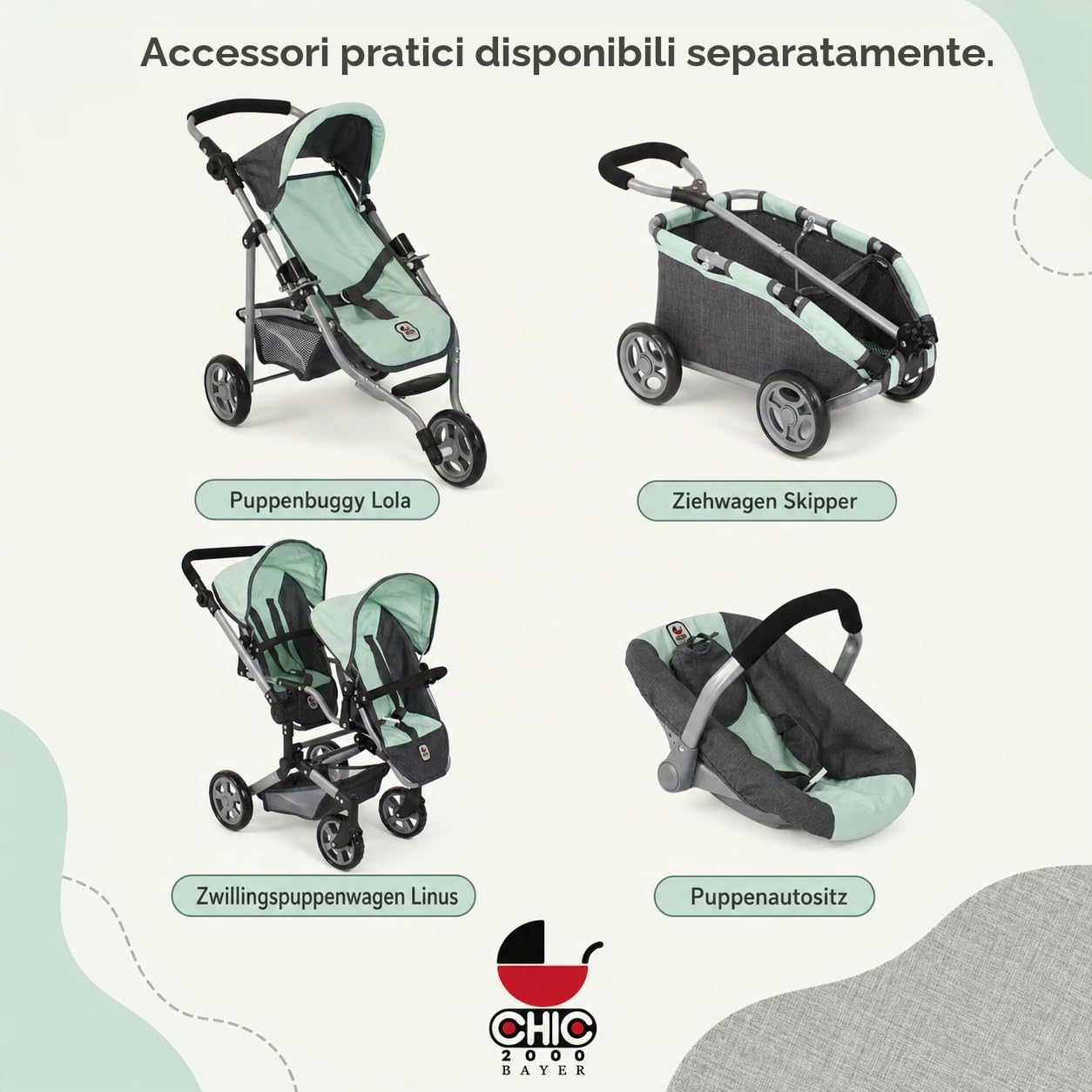Bayer Chic 2000® Passeggino per bambole Mika 2 in 1, Melange Minta, pieghevole, manico regolabile in altezza 47-80 cm, telaio moderno, bambole fino a 52 cm, 4-8 anni