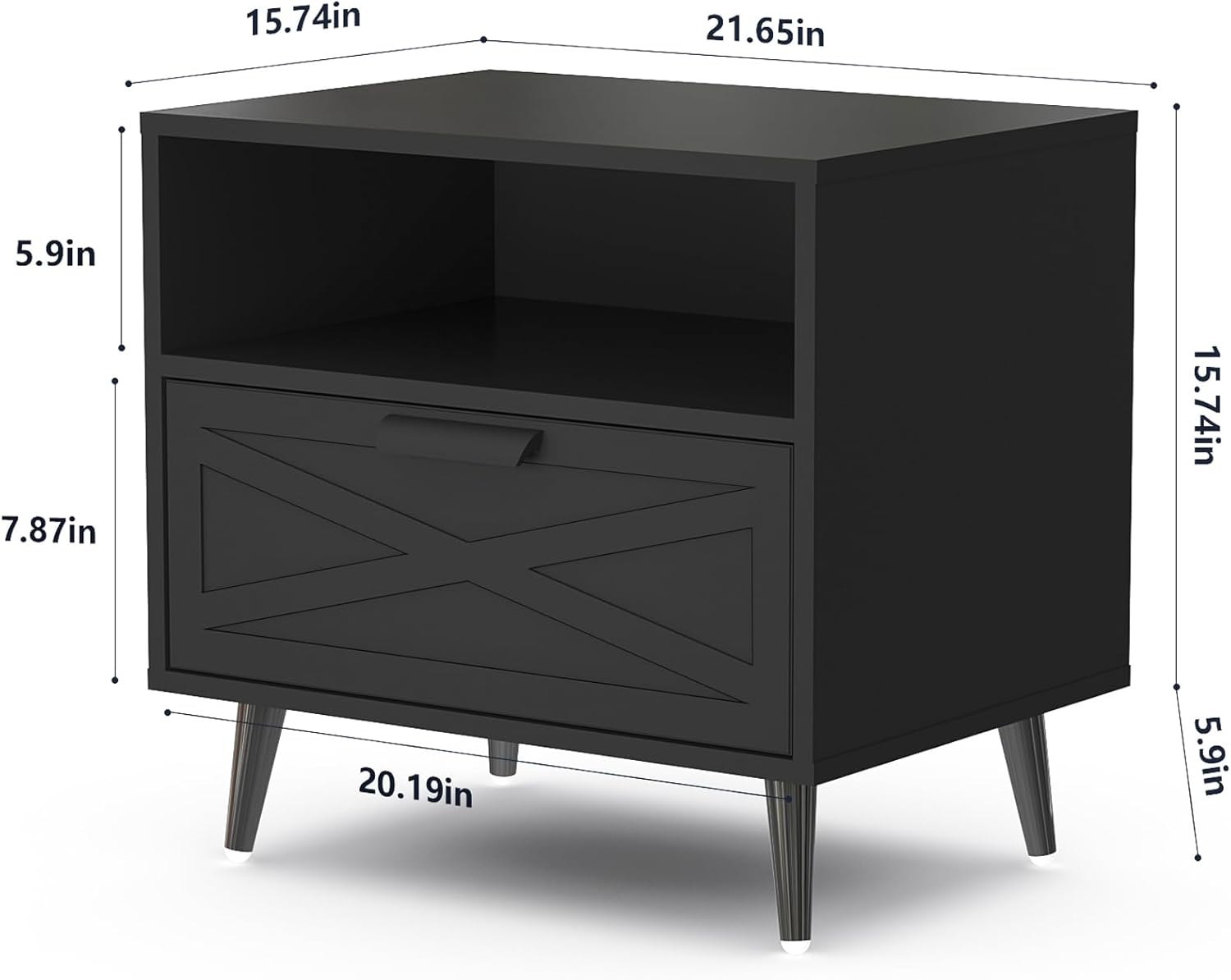 Black Nightstand with Drawer, Night Stand Storage Bed Side Table End Table, Modern Wood Bedside Stand with Shelf, Night Stands for Bedroom Living Room Sofa Home Office