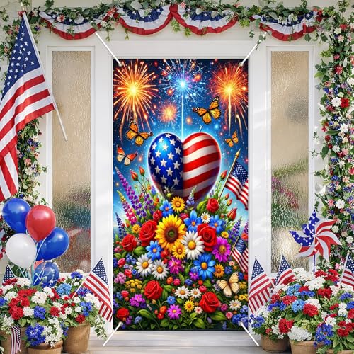 Image of BissYard Patriotic Door Cover 71 x 35 Inches 4th of July Door Banner American Flag Heart Fireworks Floral Independence Day Front Door Decoration Indoor Outdoor Porch USA Theme Decor