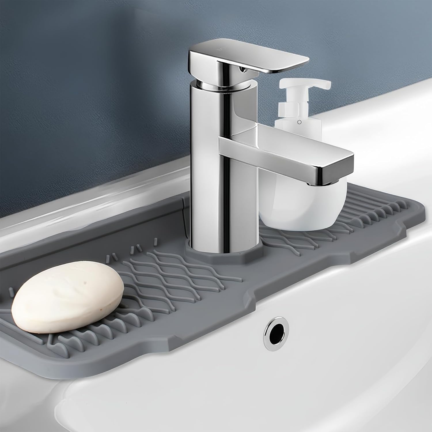 Silicone Faucet Handle Drip Catcher Beveled Drying Tray Mat Dish Soap Sponge Holder Accessories Gadgets for Kitchen Counter Bathroom Kitchen Sink Splash Guard (16.9")