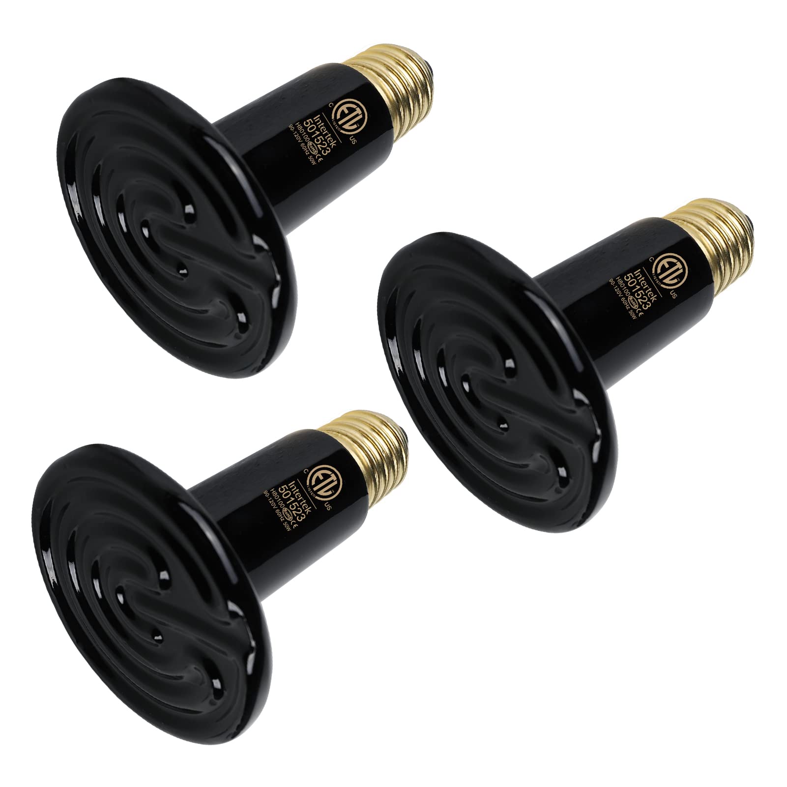 WUHOSTAM 3 Pack 50W Black Ceramic Heat Lamp, Infrared Reptile Heat Emitter Heater Lamp Bulb for Pet Brooder Coop Chicken Lizard Turtle Snake Aquarium,