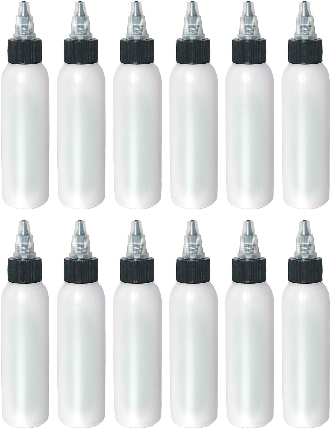 Cosmo Bottles with Twist Top Dispensing Caps (2oz, 12 pack) - HDPE Plastic Bullet Shape - Made in USA