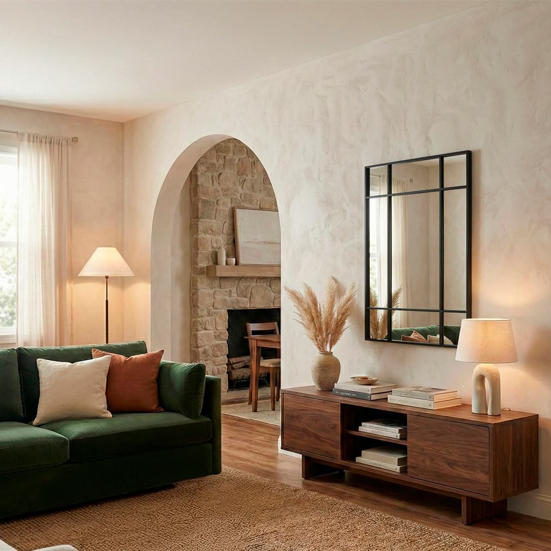 Marctani Specchio per finestra da parete 90 x 60 cm - Specchio industriale decorativo con cornice in metallo - Design rettangolare effetto finestra per ingresso, ingresso e soggiorno