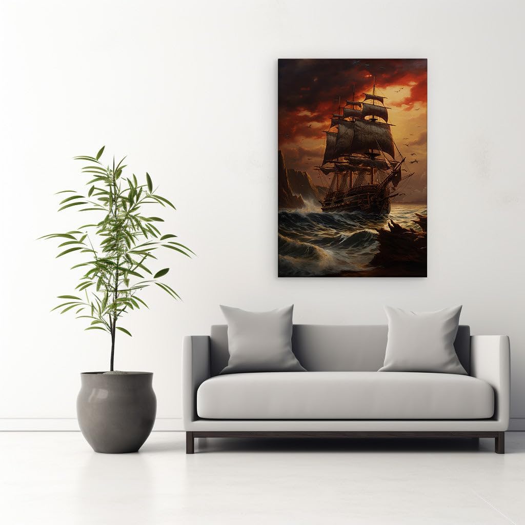 Canvas for Living room. Sailing Through Fury: The Vivid Tale of a Ship Against the Storm, 27 x 18 inch Canvas Wall Art - Ready to Hang