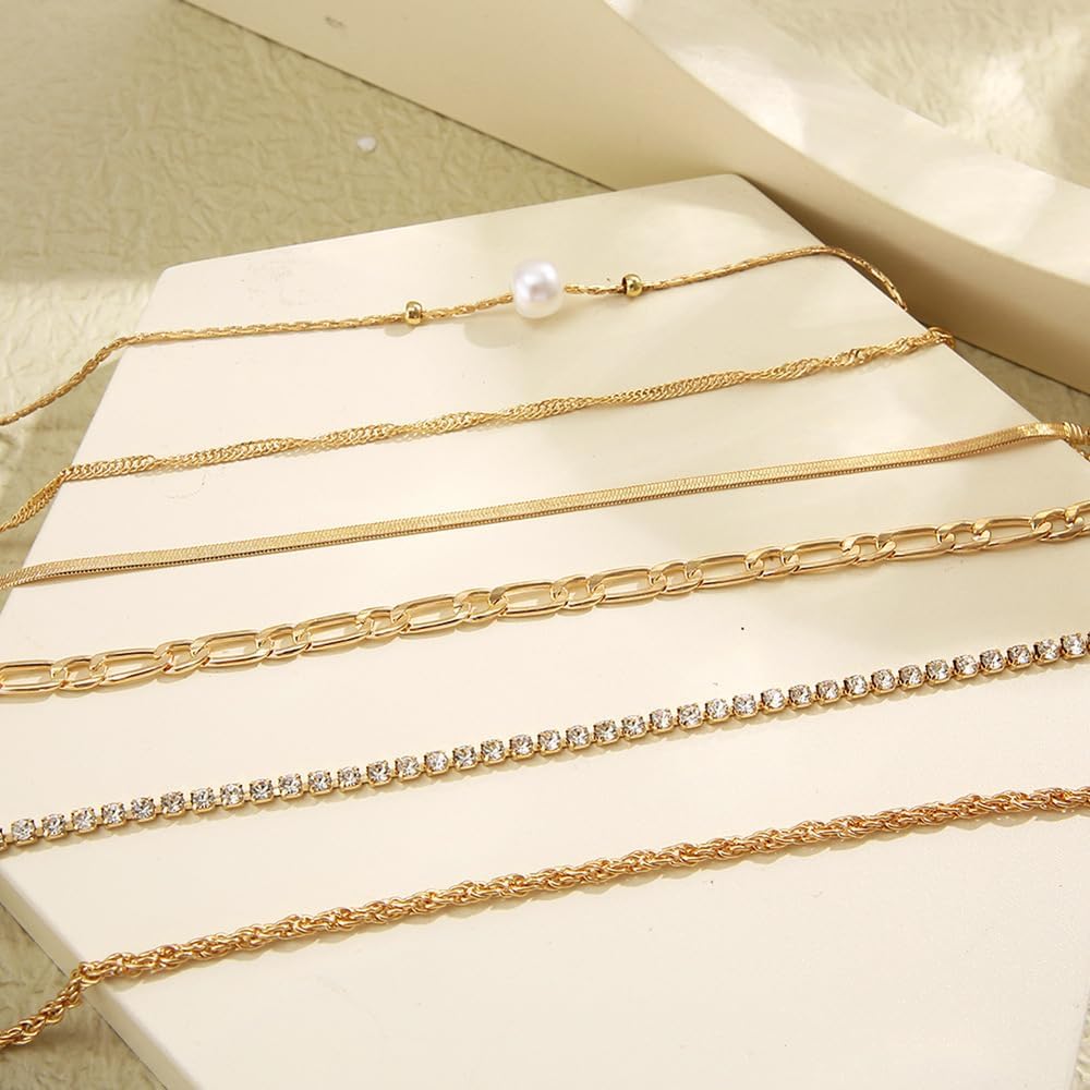 Gold Stackable Bracelets for Women,Trendy Non Tarnish Chain Bracelet Set Dainty Pearl Crystal Hand Chain,Charm Boho Prom Jewelry Accessories - Image 5