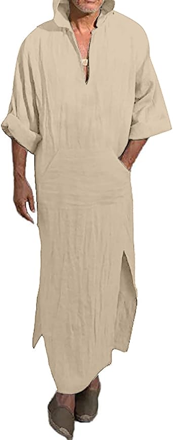 YAOHUOLE Mens Long Sleeve Kaftan Side Split Long Gown Thobe Hooded Men Caftan