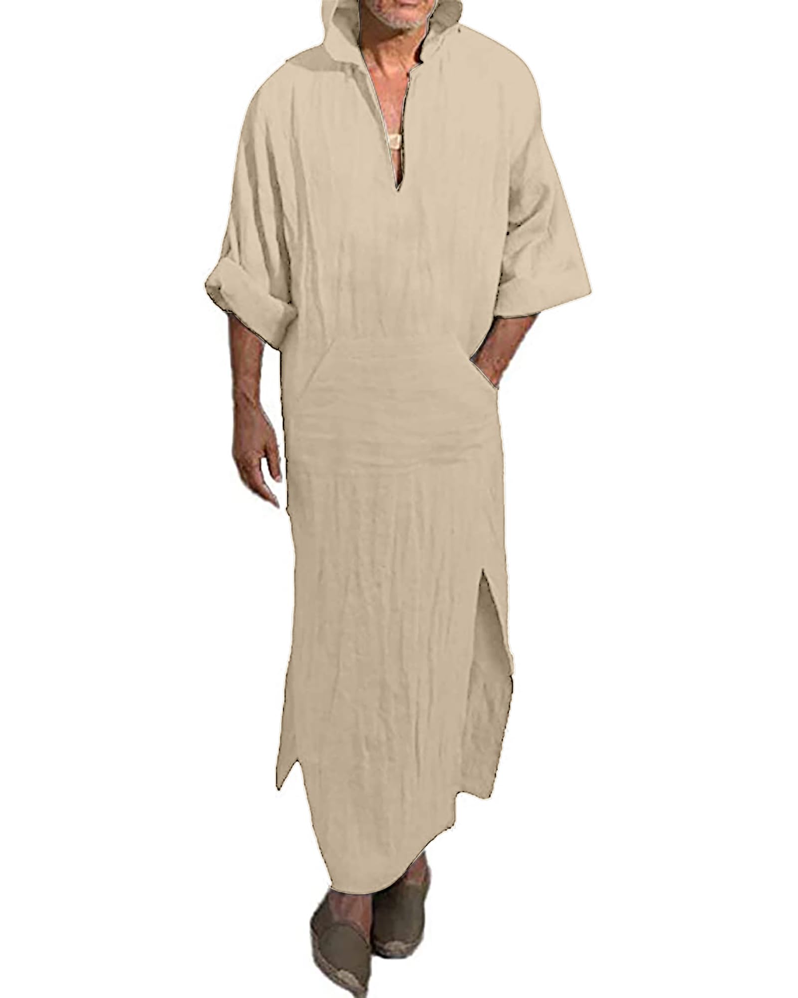 YAOHUOLE Men's Long Sleeve Kaftan Side Split Long Gown Thobe Hooded Men Caftan X-Large Khaki