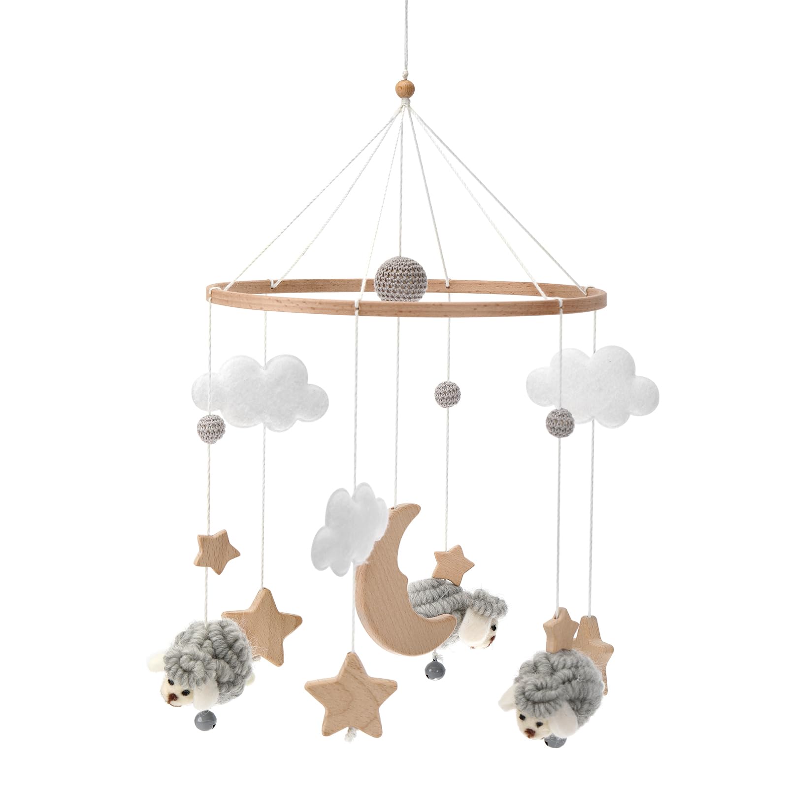Collazoey Móvil para cuna de bebé, viene con cordero de ganchillo, colgante móvil Moon Star, móvil de madera con timbre para bebé, regalo para niña o niño