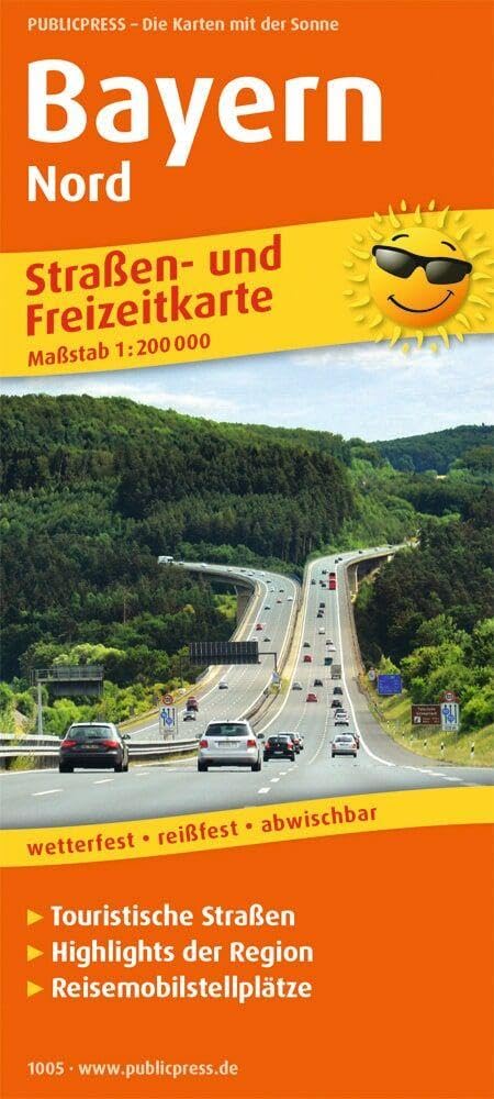 Bavaria North: Straßen- und Freizeitkarte mit Touristischen Straßen, Highlights der Region und Reisemobilstellplätzen
