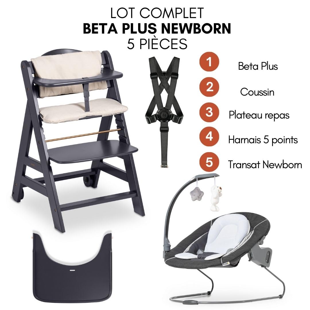 hauck Chaise Haute Bébé Beta+ avec Siège Nouveau-né Deluxe - Dark Grey | Chaise haute évolutive en bois, de la naissance à 90 kg, inclus assise avec arche éveil bébé, roues, plateau repas, coussin