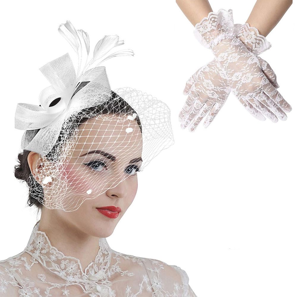 JZSHat for Women Hat Pillbox Hat, Bowknot Fascinator Hat Feathers Veil Mesh Headband and Short Lace Gloves Floral Lace Gloves, Tea Party Wedding Flower Cocktail Mesh Feathers Hair Clip