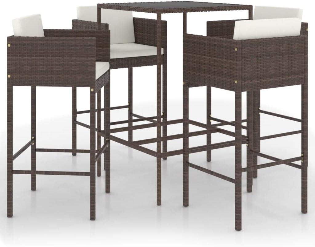 5 Piece Patio Bar Set, Outdoor Wicker Counter Height Table and Bar Stools, Bar Height Table Bistro Set with 4 Bar Chairs and Cushions, for Backyard, Poolside, Balcony, Brown