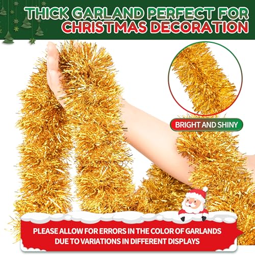 Image of 50 Ft Christmas Tinsel Garland Gold Thick Tinsel Garland Xmas Tree Decorations Metallic Tinsel Twist Garland for Christmas, Birthday, Party Decor Indoor Outdoor Party Supplies