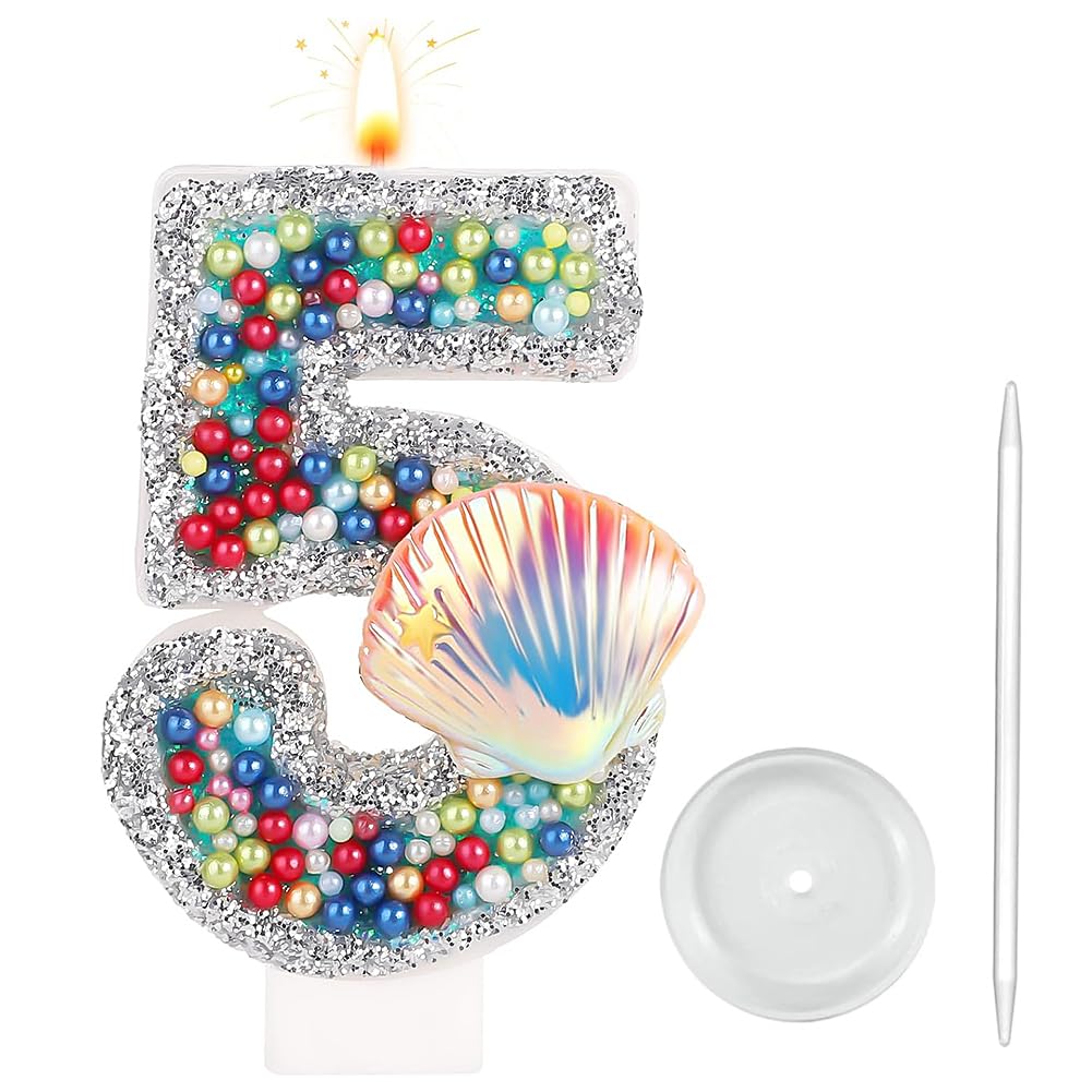 Aprildecember Shell Birthday Number Candle, Pearls Glitter Birthday Number Candle for Birthday Wedding Anniversary Mermaid Sea Themed Party (Number 5)
