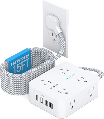 15 Ft Extension Cord with Multiple Outlets, Surge Protector Power Strip