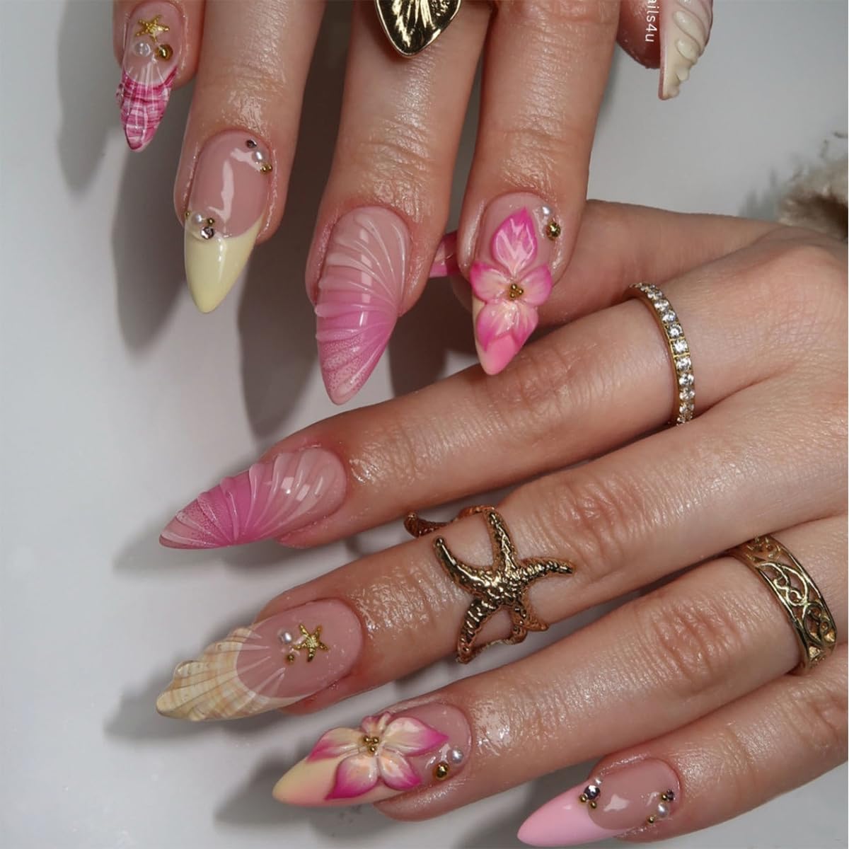 Lot de 24 faux ongles artificiels en forme d'amande avec fleurs hawaïennes roses en acrylique et strass dorés - Pour femme