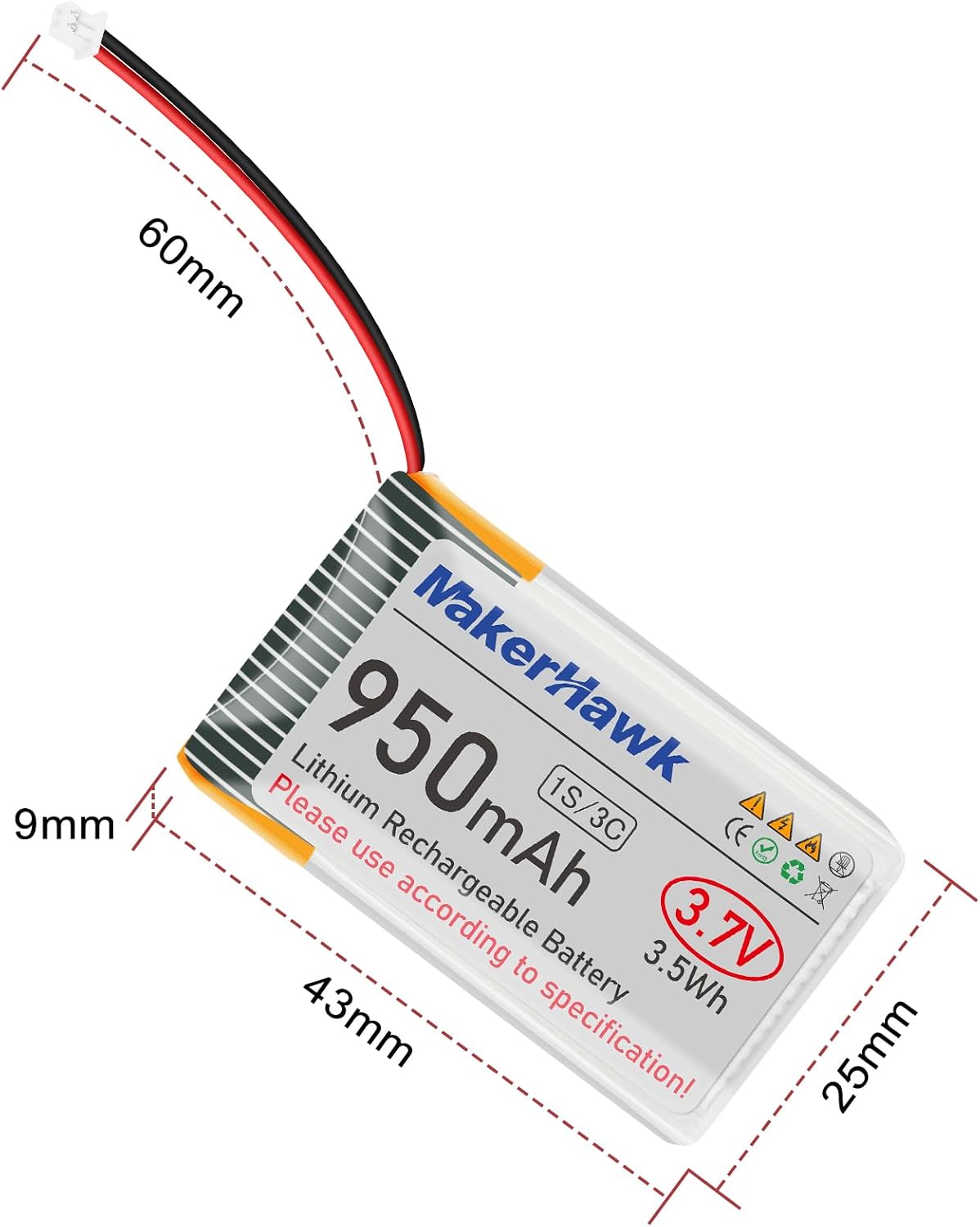 Diagram showing the dimensions of the MakerHawk 3.7V 950mAh LiPo battery: 43mm length, 25mm width, 9mm thickness, and 60mm lead length.