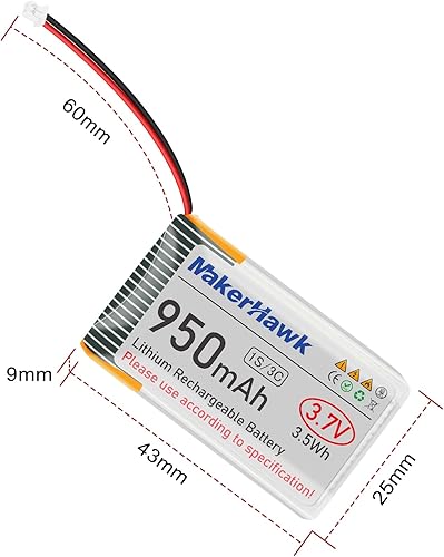 Miniatura 7 de MakerHawk Batería LiPo de 3.7 V 950 mAh recargable 1S 3C batería de polímero de litio con placa de protección cinta de goma aislada, enchufe micro