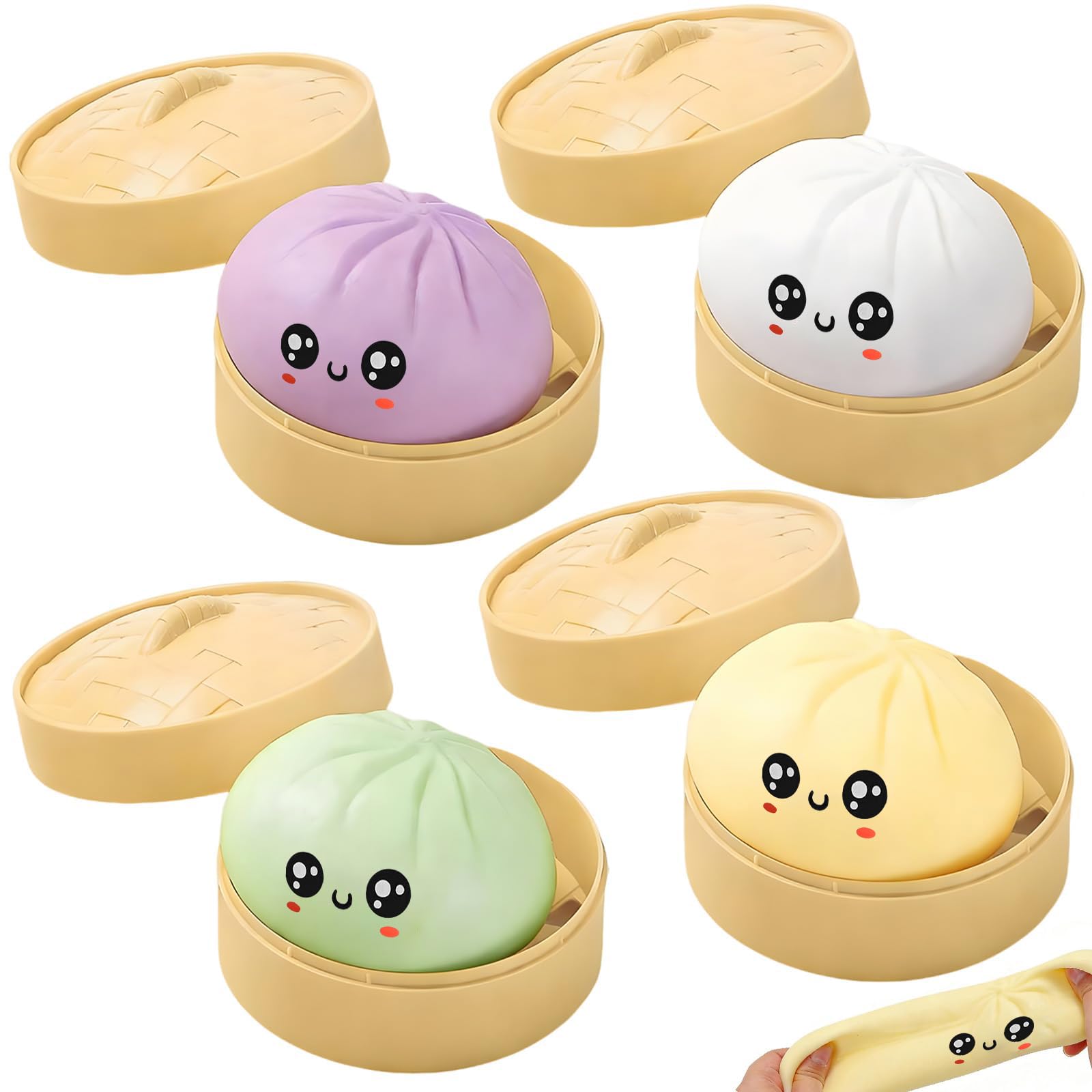Squishy Bao Dumpling, 4PC Giant Mystery Dumplings Squishy with Food Steamer, Dumplings Fidget Sensory Toys Anxiety Relief, Taba Squishy, Cute Squishies Dumplings Stress Balls for Adults Kids