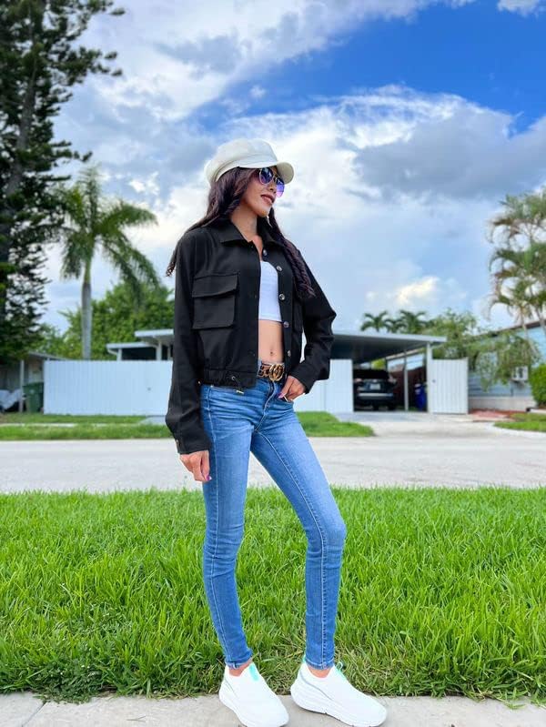 Onedreamer Women's Military Safari Cropped Jackets Button Down Lightweight Oversized Utility Anorak Coat with Pockets - Image 4