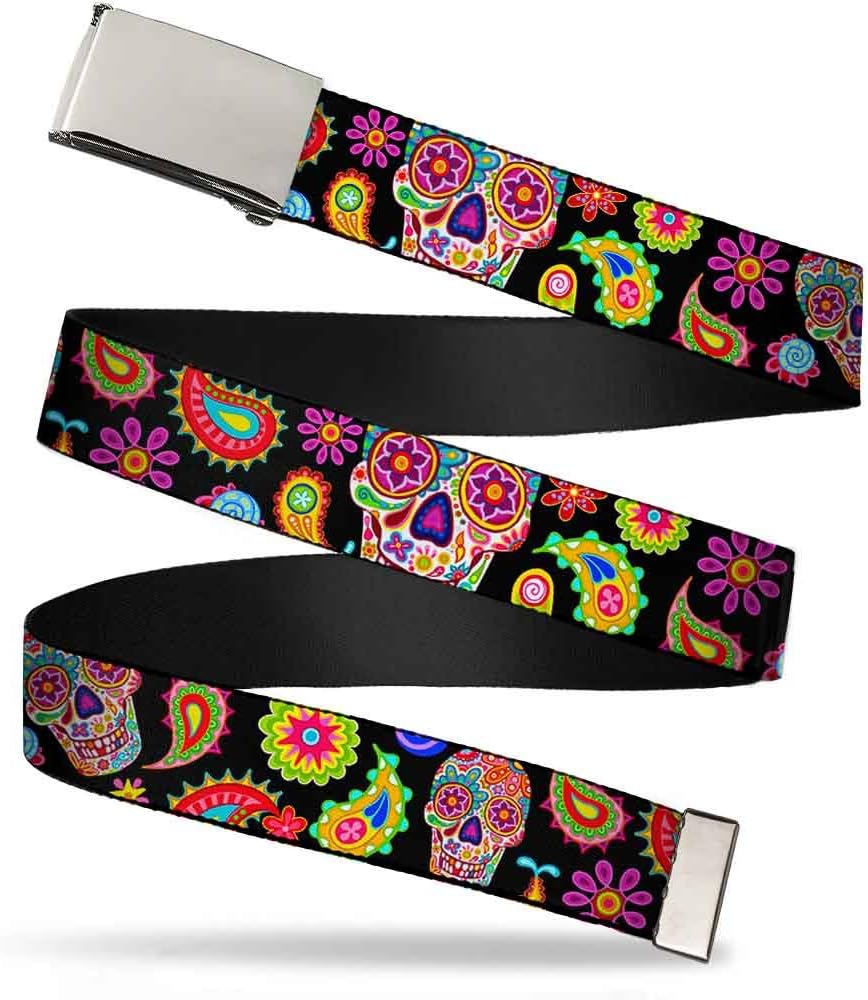 Buckle-Down Web Belt - Bobo Sugar Skull/Paisley Black/Multi Color