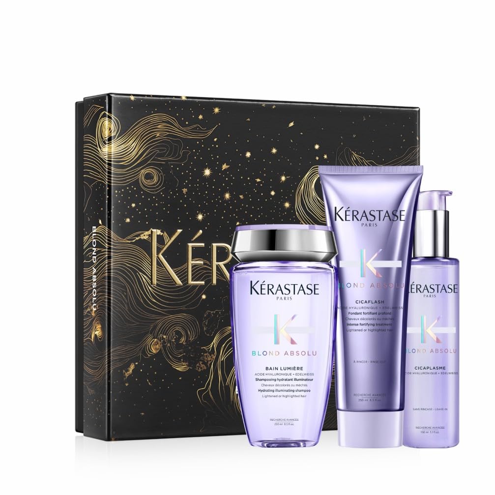 KÉRASTASE Blond Absolu - Coffret de Fin d'Année - Bain Lumière + Fondant Cicaflash + Sérum Cicaplasme - Fortifie & Illumine - Acide Hyaluronique & Edelweiss - Cheveux Blonds Décolorés ou Méchés