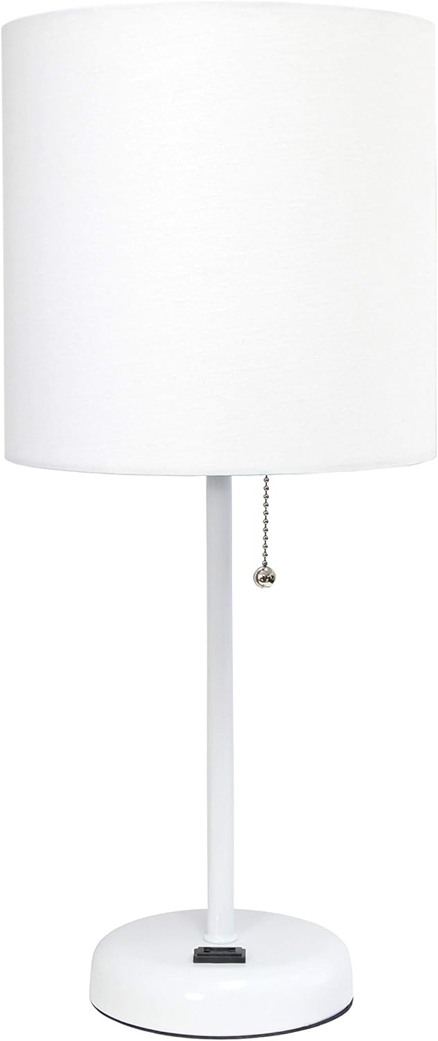 Simple Designs LT2024-WOW White Stick Table Desk Lamp with Charging Outlet and Drum Fabric Shade, White Shade