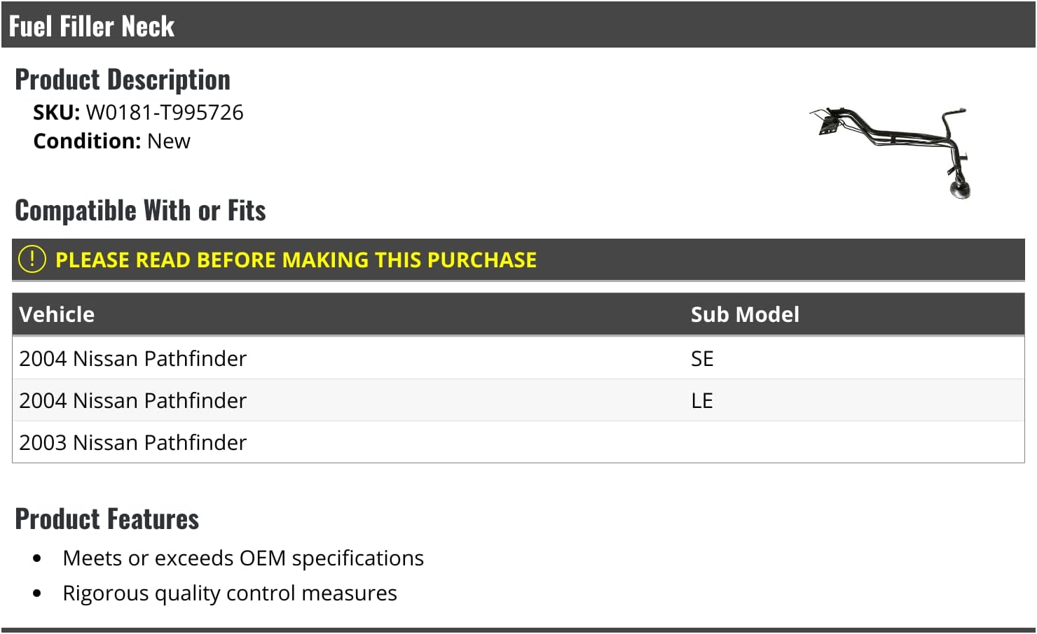 Marketplace Auto Parts Fuel Filler Neck - Compatible with 2003-2004 Nissan Pathfinder