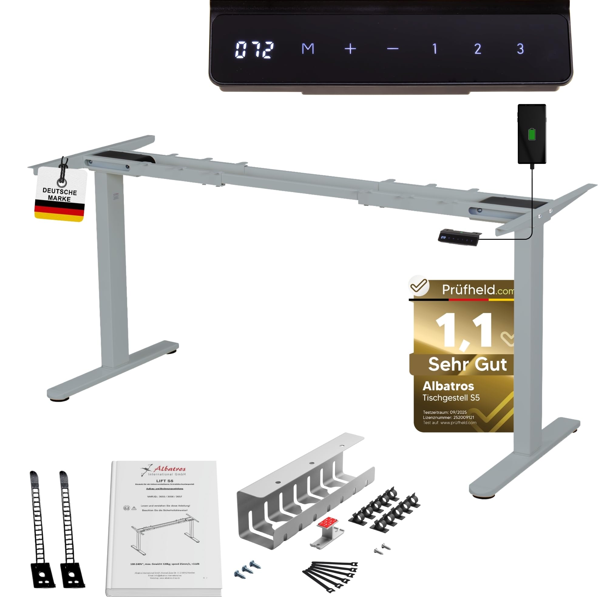 ALBATROS Schreibtisch-Gestell Lift S5S + Kabelkanal, Silber, 2X Motoren, elektrisch höhenverstellbar mit Memory-Funktion, Kollisionsschutz und Soft-Start/Stop