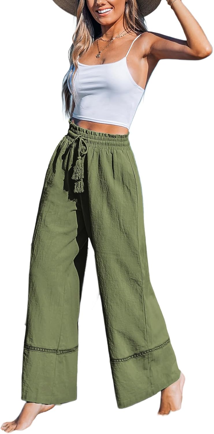 CUPSHE Summer Wide Leg Pants for Women Trendy Tie Waist High Waisted Palazzo Straight Pant with Pockets