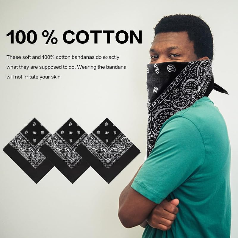 DIKHAWA Unisex Soft Breathable Cotton Paisley Printed Cowboy Bandanas,Headband,Scarf (BLACK,RED,ROYAL BLUE,WHITE,NAVY BLUE_50CM X 50CM_Pack of 5) 2