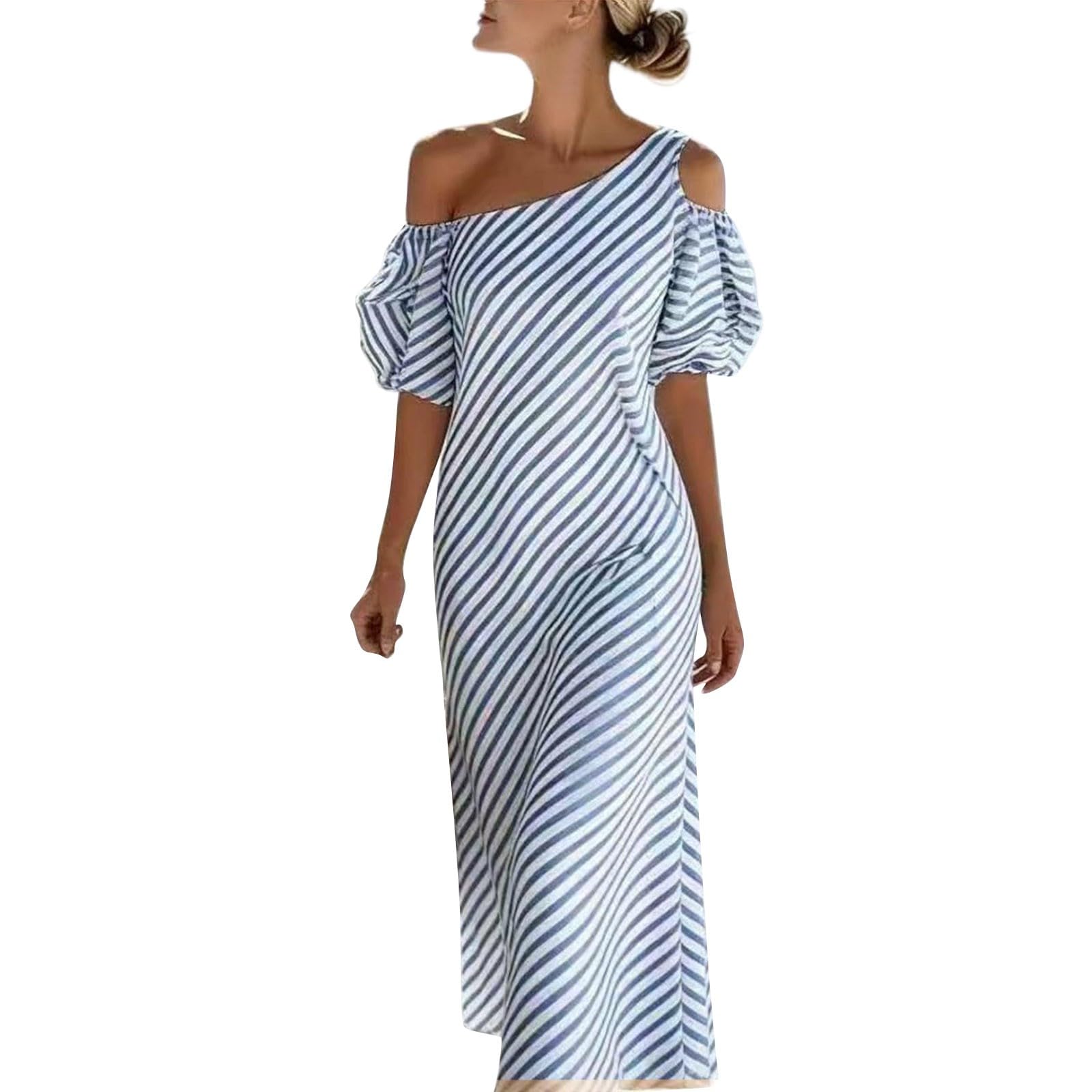 Vestiti Sexy A Tubino Abito Lungo da Donna Estivo 2026 a Righe Monospalla con Maniche a Sbuffo, Ideale per Le Vacanze e per Tutti i Giorni. Vestiti Lungo Estivi