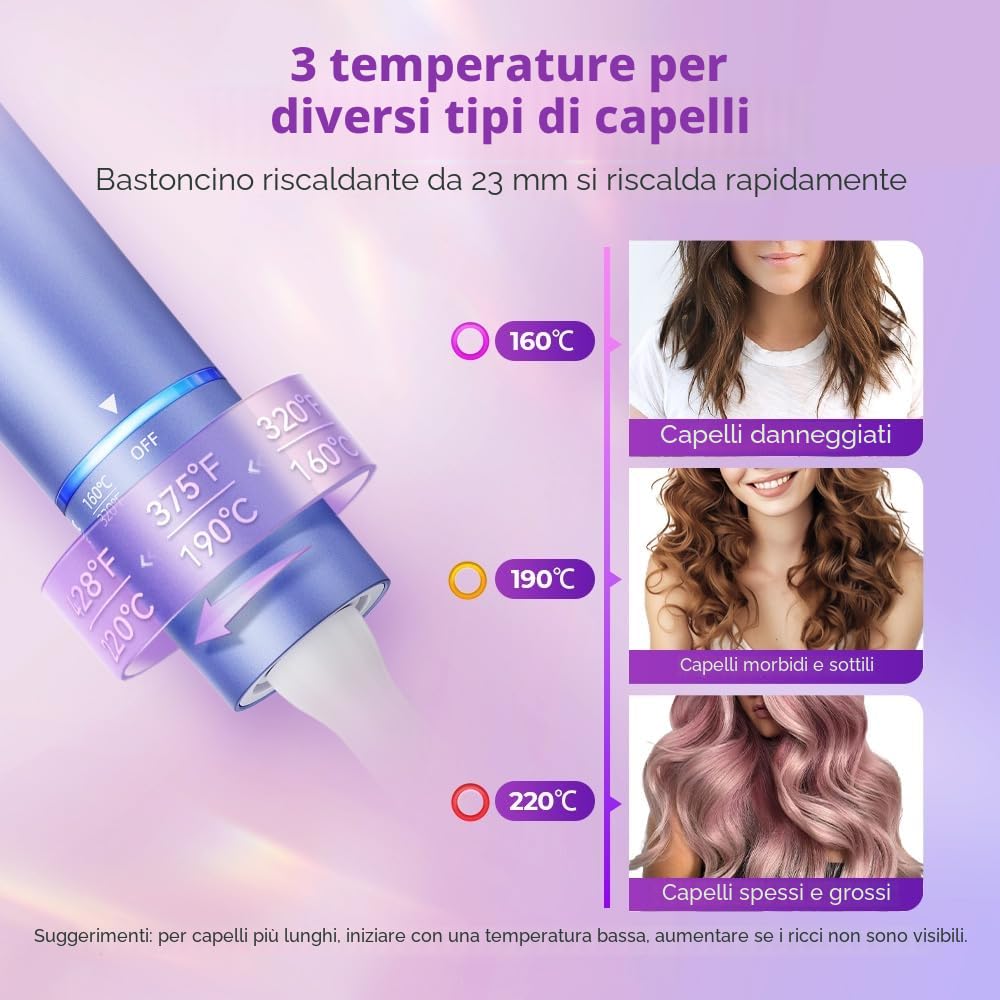 Ferro Arricciacapelli Automatico, Piastra Arricciacapelli 23mm, Ferro Arricciacapelli con Ioni Negativi, 3 Temperatura, Design Antiscottatura, Arricciacapelli Automatico Intelligente